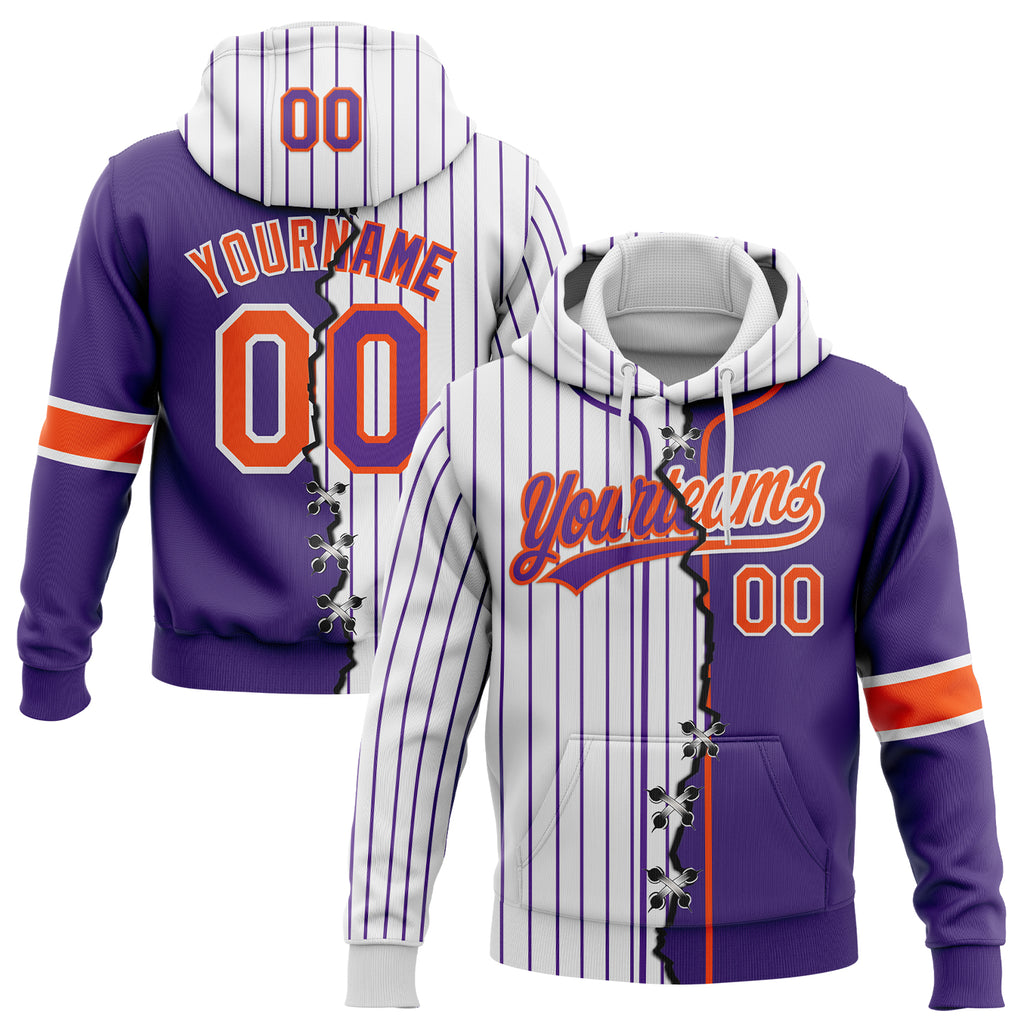 Custom White Purple Pinstripe-Orange Split Ripped Pattern Baseball Pullover Sweatshirt Hoodie