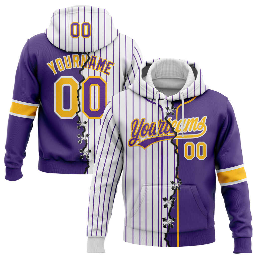 Custom White Purple Pinstripe-Gold Split Ripped Pattern Baseball Pullover Sweatshirt Hoodie