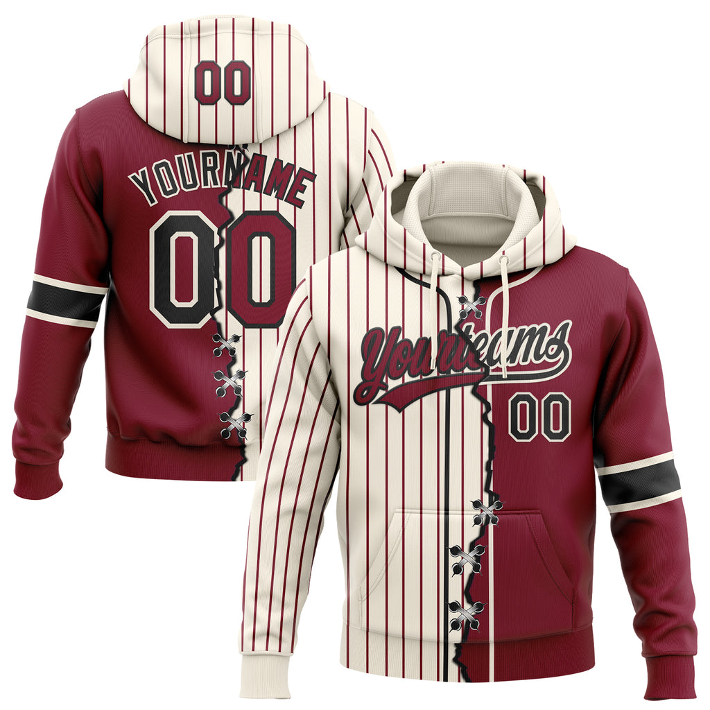 Custom Cream Crimson Pinstripe-Black Split Ripped Pattern Baseball Pullover Sweatshirt Hoodie