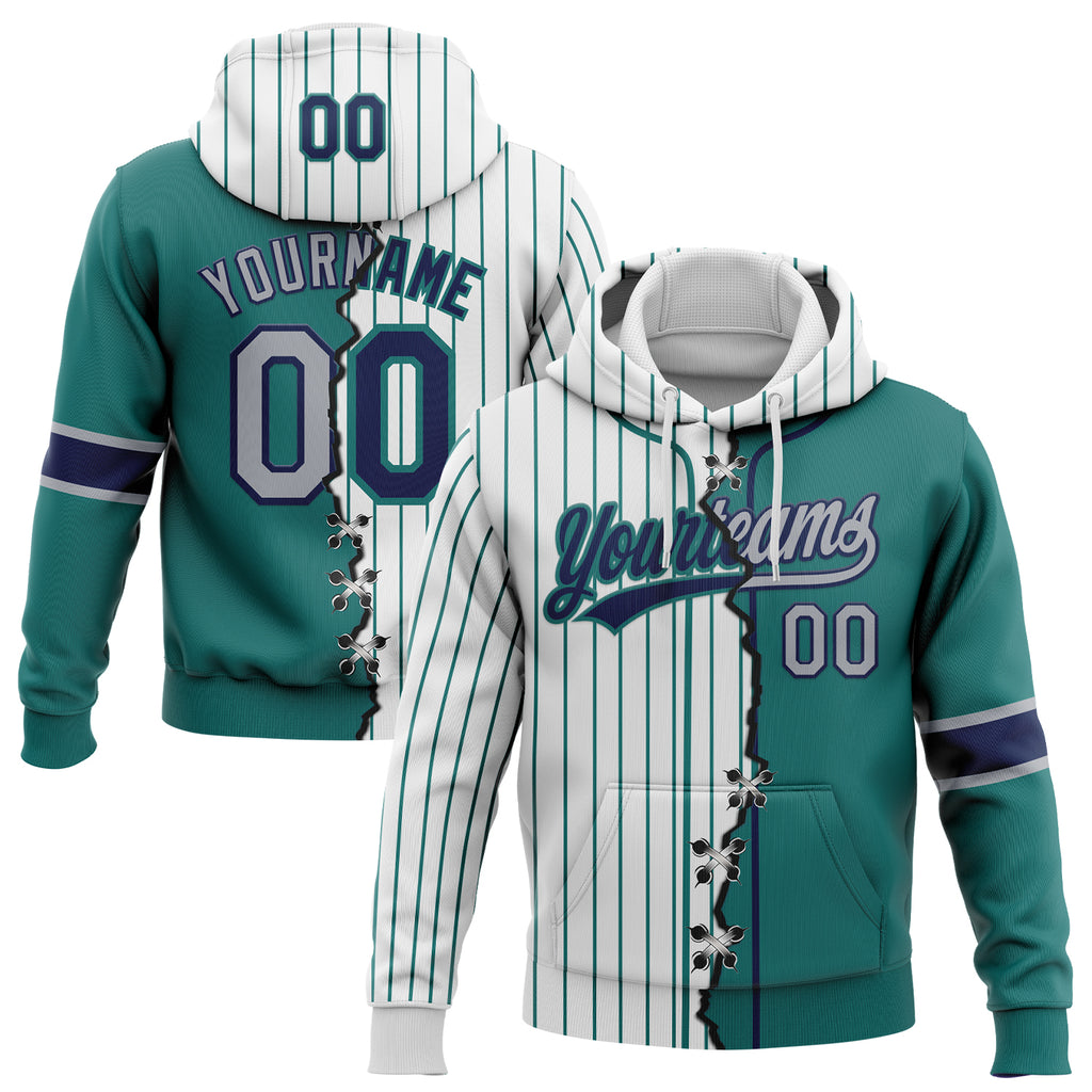 Custom White Teal Pinstripe Gray-Navy Split Ripped Pattern Baseball Pullover Sweatshirt Hoodie