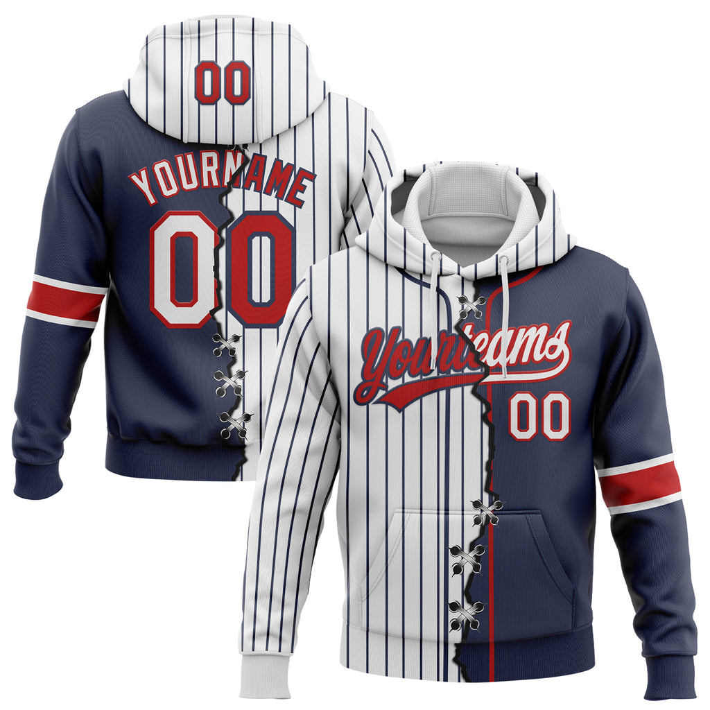 Custom White Navy Pinstripe-Red Split Ripped Pattern Baseball Pullover Sweatshirt Hoodie
