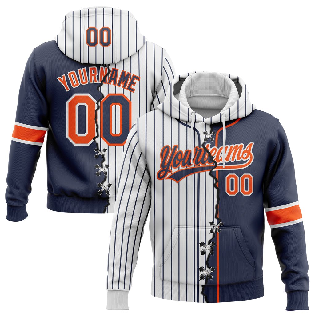 Custom White Navy Pinstripe-Orange Split Ripped Pattern Baseball Pullover Sweatshirt Hoodie