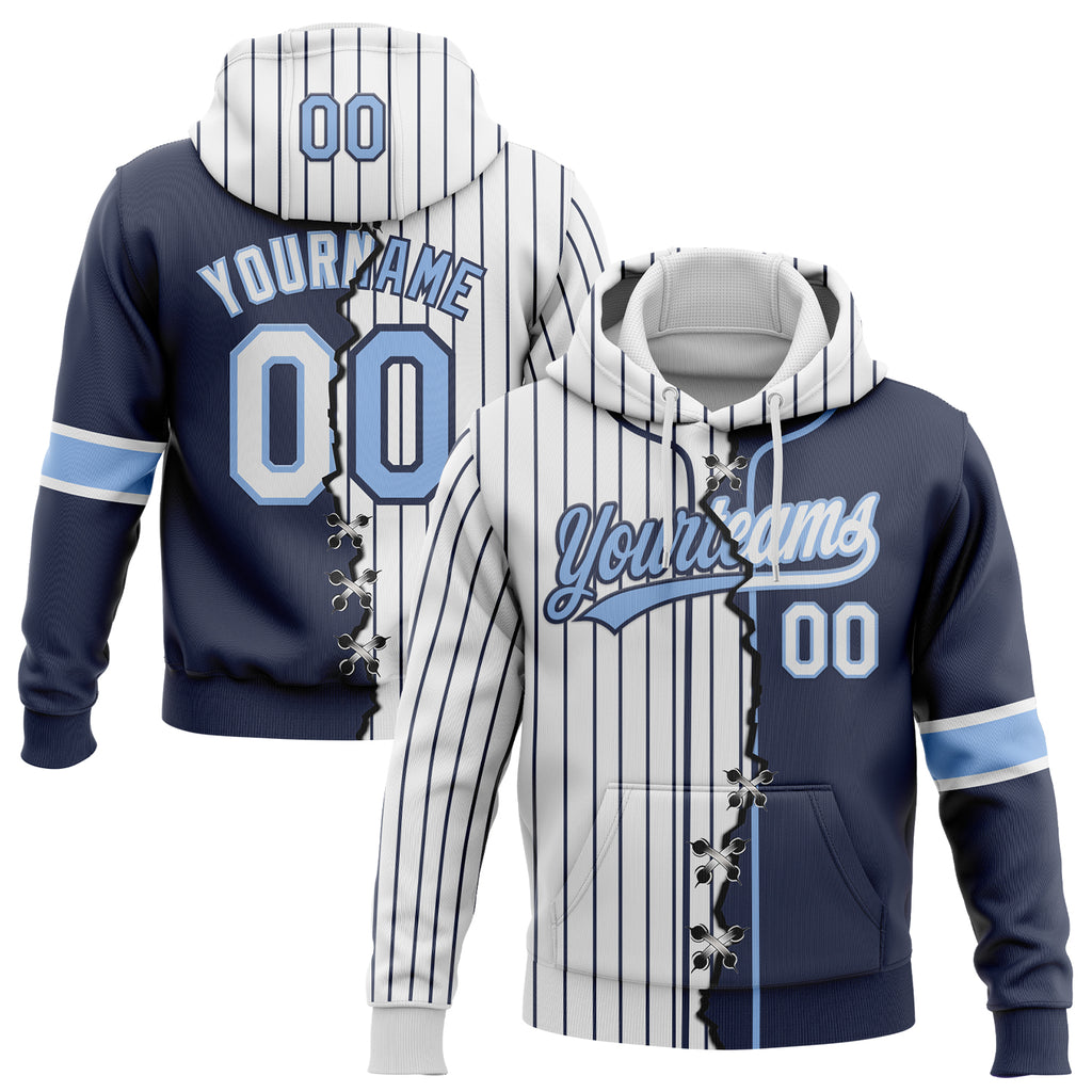 Custom White Navy Pinstripe-Light Blue Split Ripped Pattern Baseball Pullover Sweatshirt Hoodie