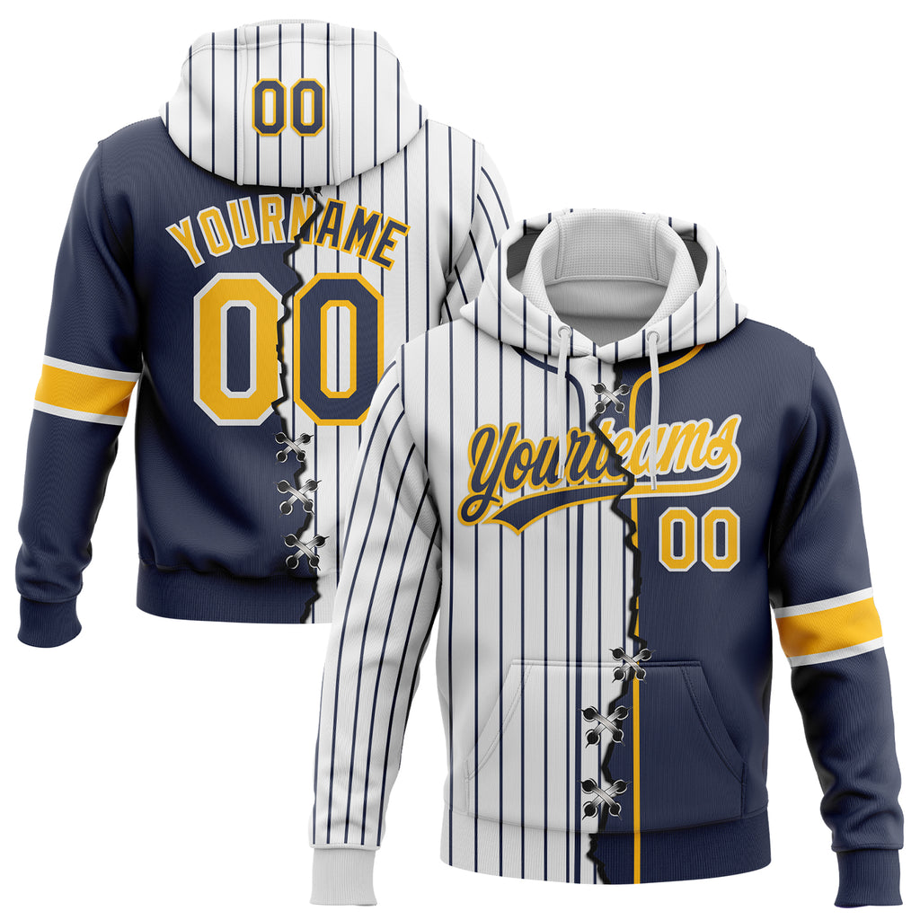 Custom White Navy Pinstripe-Gold Split Ripped Pattern Baseball Pullover Sweatshirt Hoodie
