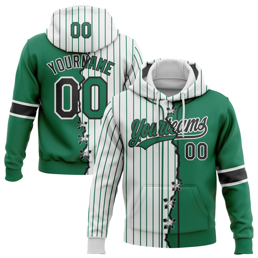 Custom White Kelly Green Pinstripe-Black Split Ripped Pattern Baseball Pullover Sweatshirt Hoodie