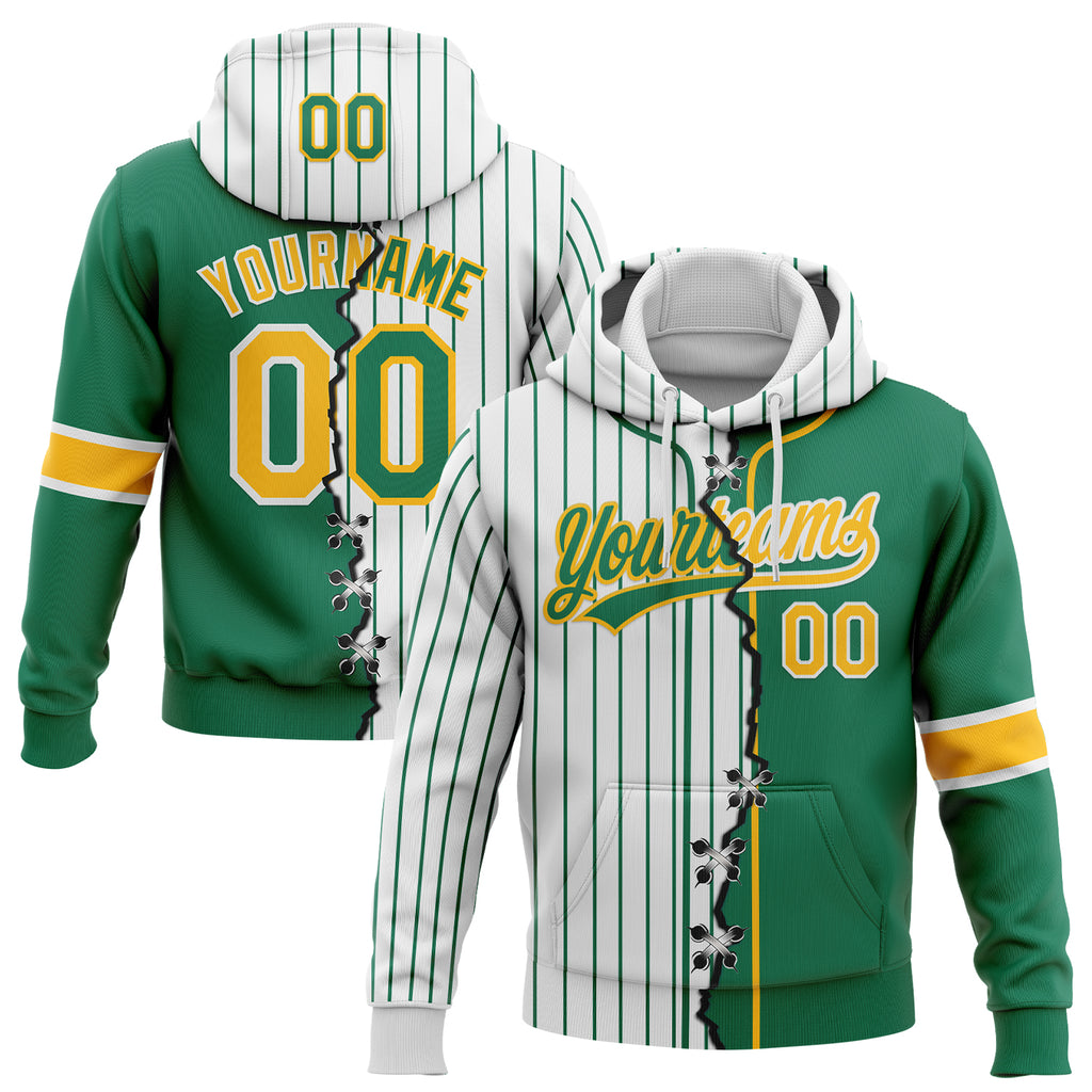 Custom White Kelly Green Pinstripe-Gold Split Ripped Pattern Baseball Pullover Sweatshirt Hoodie