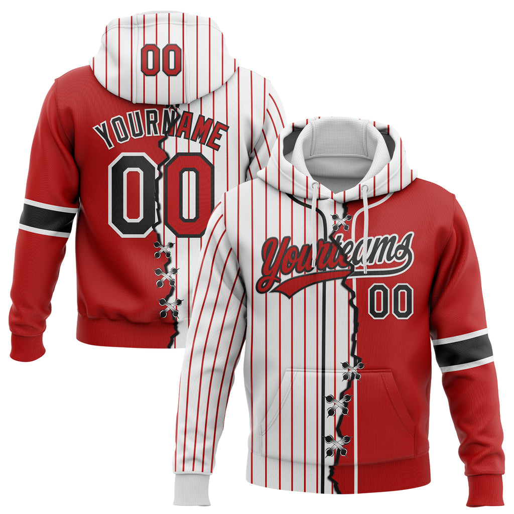 Custom White Red Pinstripe-Black Split Ripped Pattern Baseball Pullover Sweatshirt Hoodie