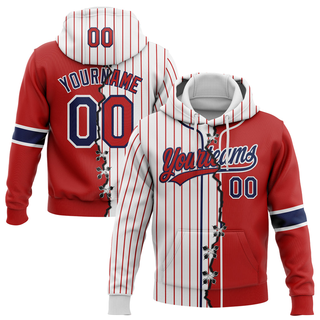 Custom White Red Pinstripe-Navy Split Ripped Pattern Baseball Pullover Sweatshirt Hoodie