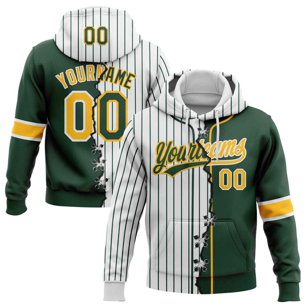 Custom White Green Pinstripe-Gold Split Ripped Pattern Baseball Pullover Sweatshirt Hoodie