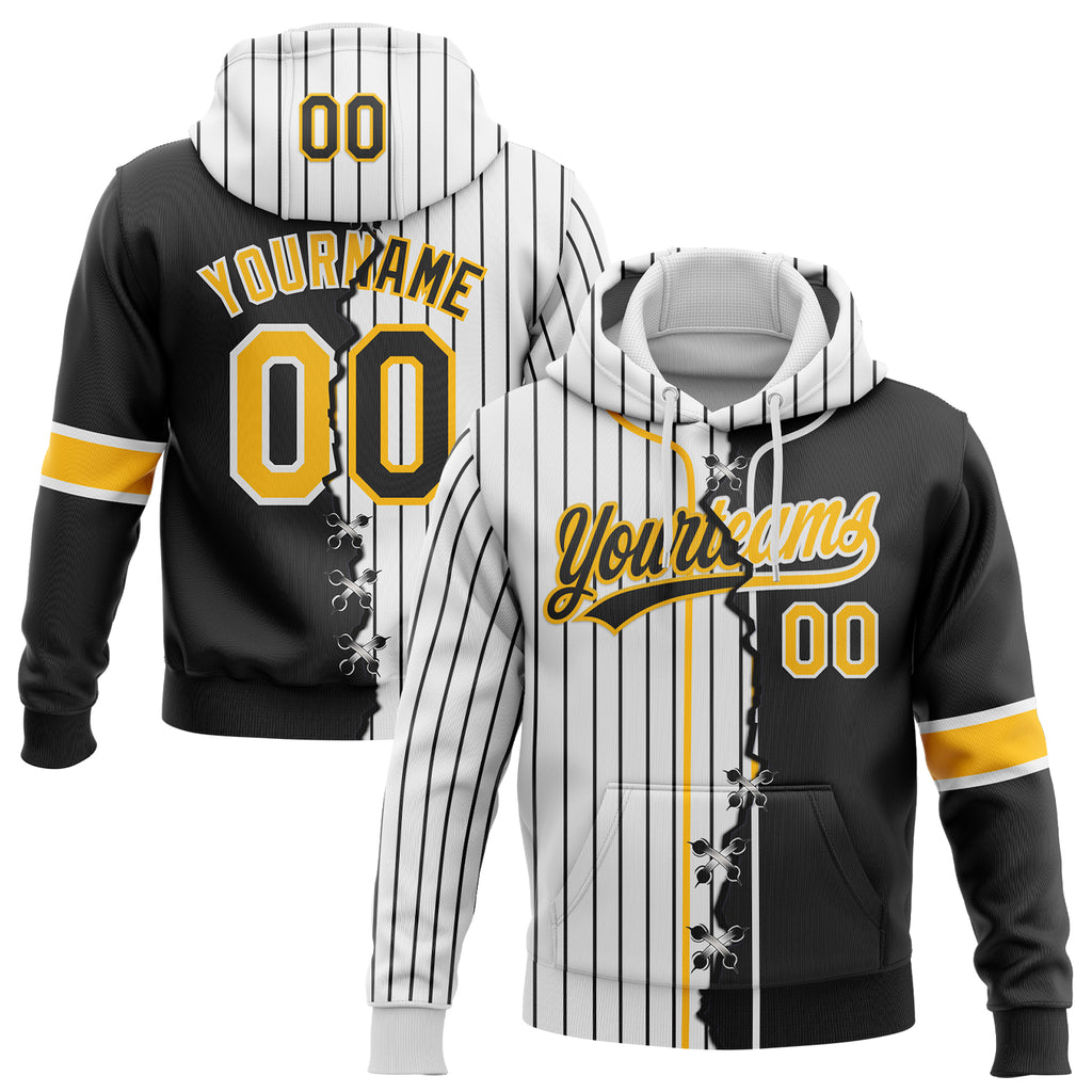 Custom White Black Pinstripe-Gold Split Ripped Pattern Baseball Pullover Sweatshirt Hoodie