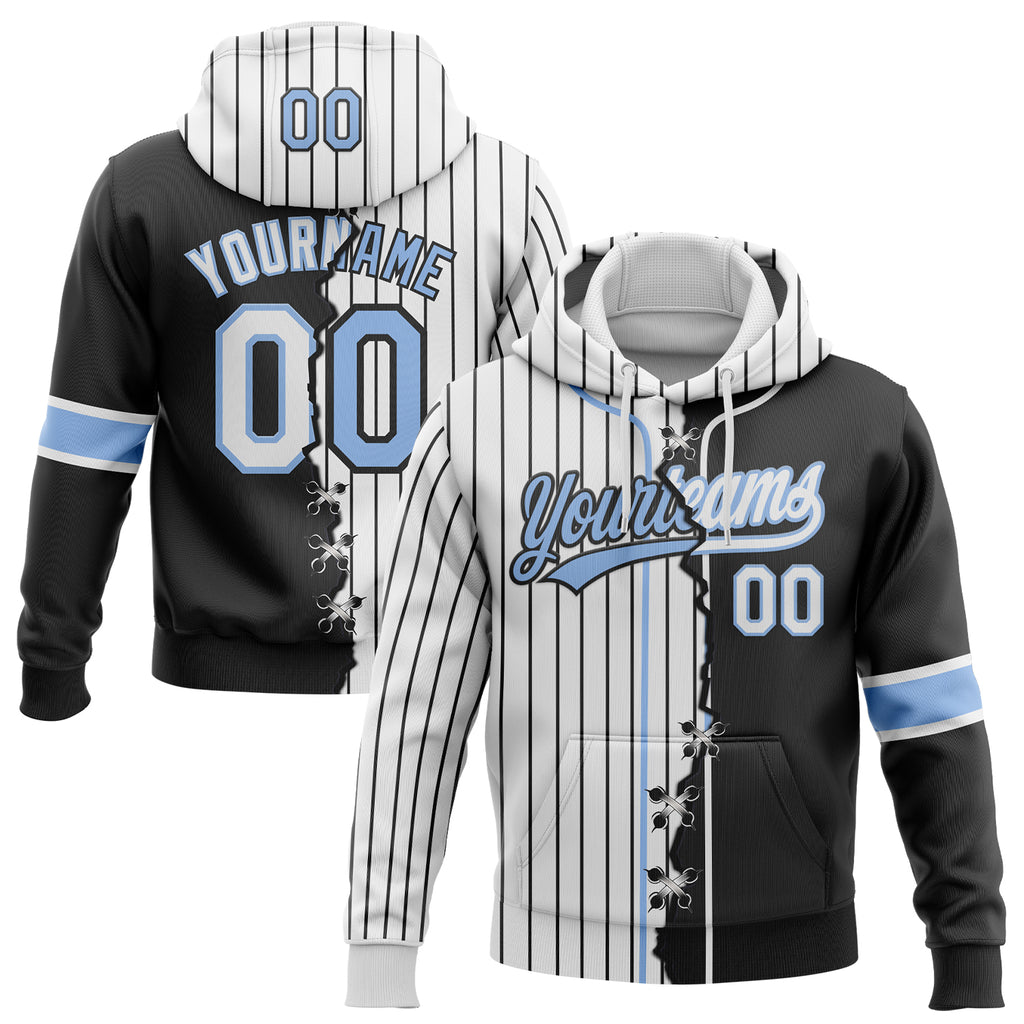Custom White Black Pinstripe-Light Blue Split Ripped Pattern Baseball Pullover Sweatshirt Hoodie