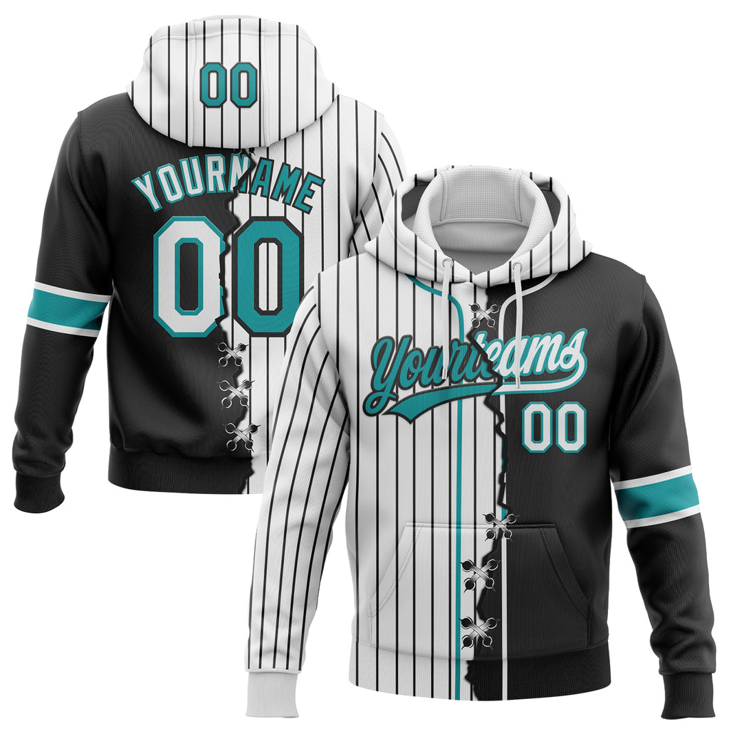 Custom White Black Pinstripe-Teal Split Ripped Pattern Baseball Pullover Sweatshirt Hoodie