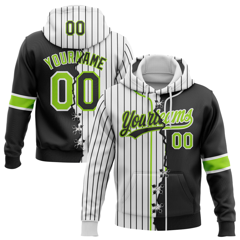 Custom White Black Pinstripe-Neon Green Split Ripped Pattern Baseball Pullover Sweatshirt Hoodie