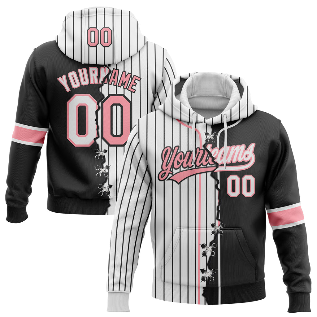 Custom White Black Pinstripe-Medium Pink Split Ripped Pattern Baseball Pullover Sweatshirt Hoodie