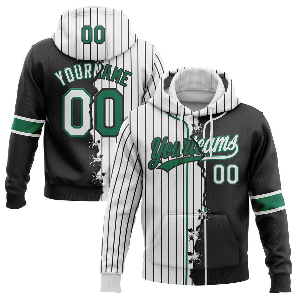 Custom White Black Pinstripe-Kelly Green Split Ripped Pattern Baseball Pullover Sweatshirt Hoodie