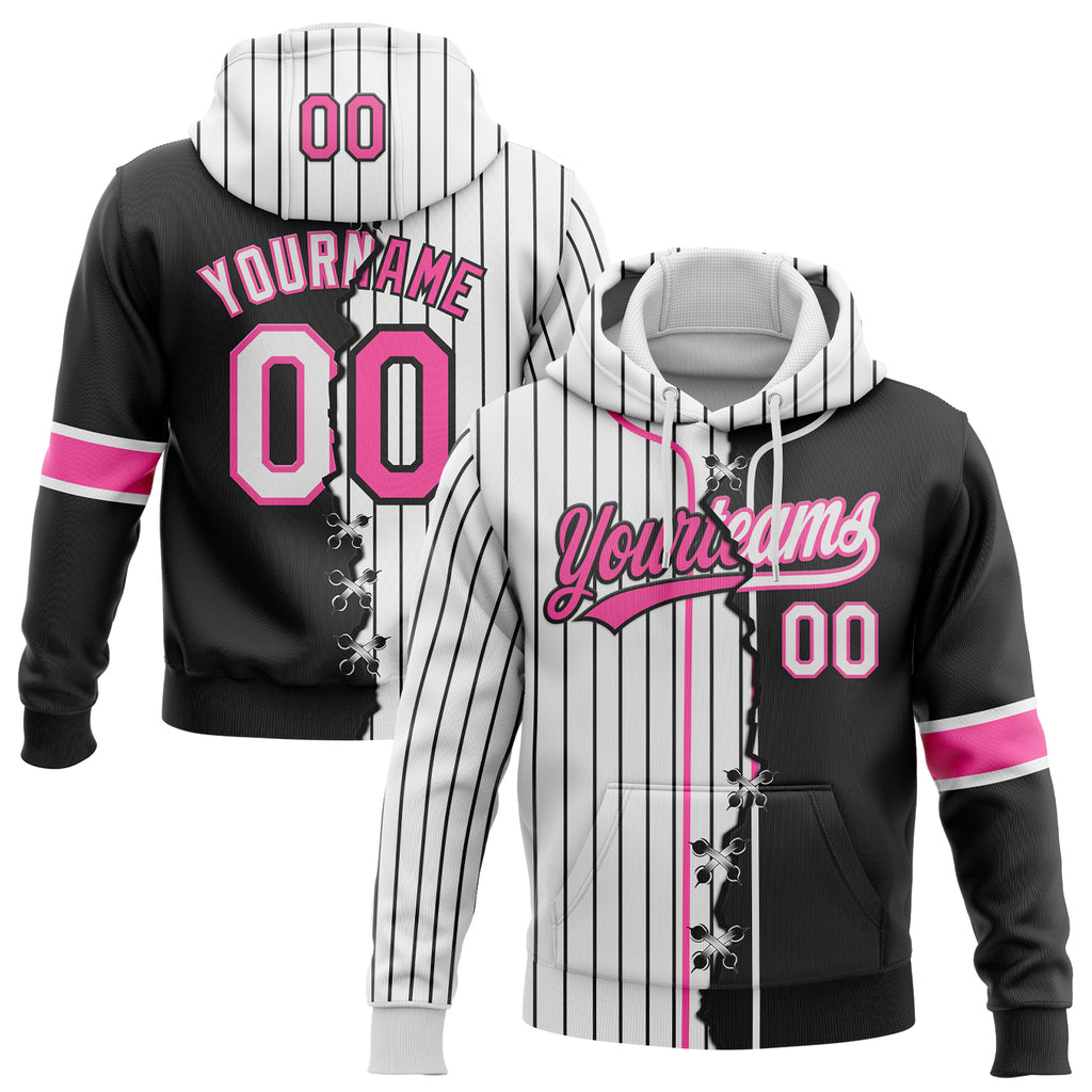 Custom White Black Pinstripe-Pink Split Ripped Pattern Baseball Pullover Sweatshirt Hoodie