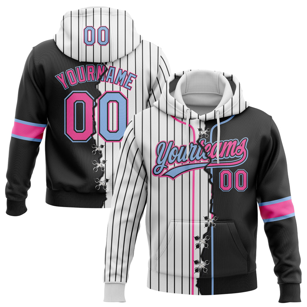 Custom White Black Pinstripe Pink-Light Blue Split Ripped Pattern Baseball Pullover Sweatshirt Hoodie