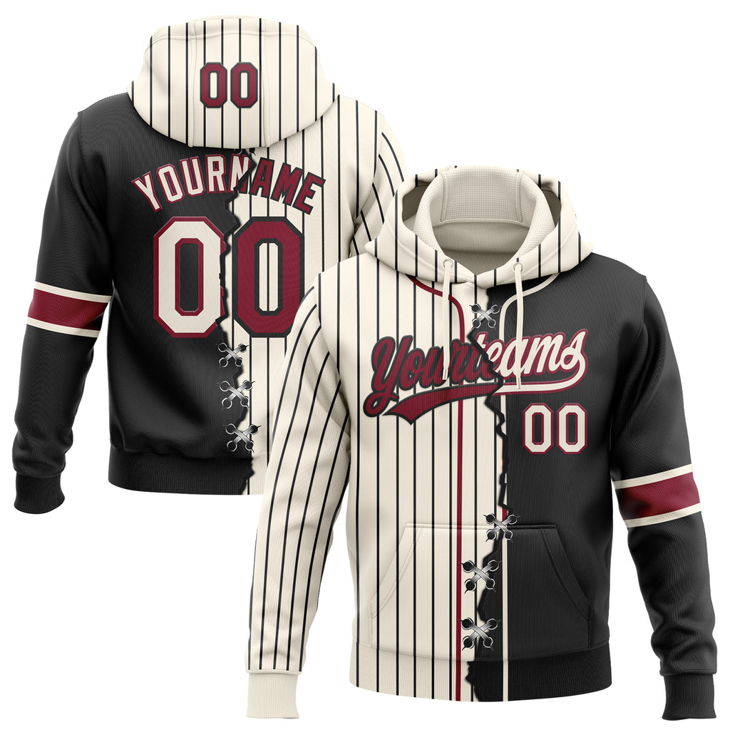 Custom Cream Black Pinstripe-Crimson Split Ripped Pattern Baseball Pullover Sweatshirt Hoodie