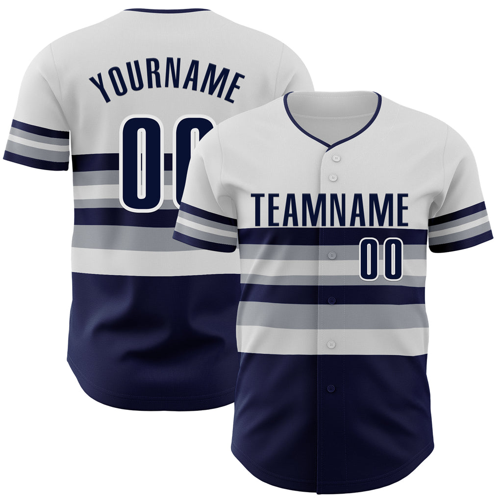 Custom White Navy-Gray Block Stripes Lines New York Style Authentic Baseball Jersey