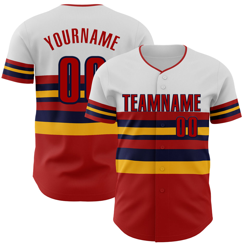 Custom White Red Gold-Navy Block Stripes Lines St.Louis Style Authentic Baseball Jersey