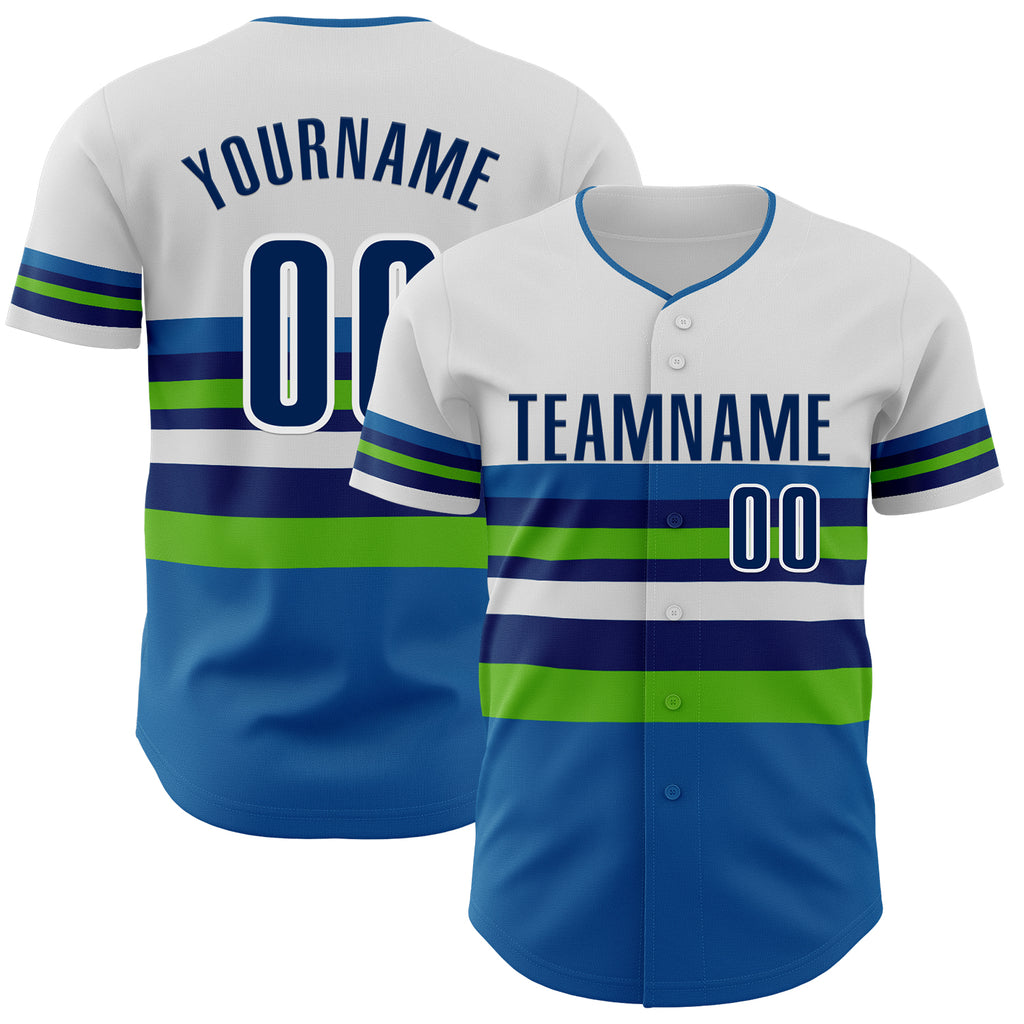 Custom White US Navy Blue Blue-Aurora Green Block Stripes Lines Minnesota Style Authentic Baseball Jersey