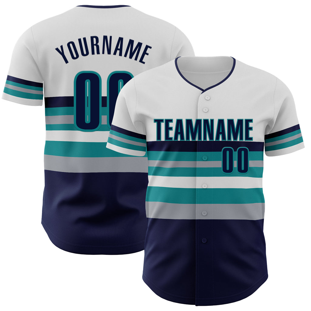 Custom White Navy Gray-Teal Block Stripes Lines Seattle Style Authentic Baseball Jersey