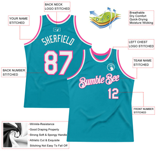 Custom Teal White-Pink Authentic Throwback Basketball Jersey