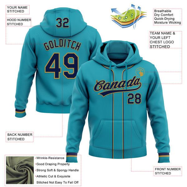 Custom Stitched Teal Navy-Old Gold Baseball Pullover Sweatshirt Hoodie