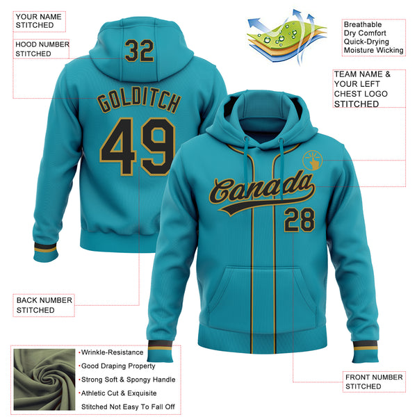 Custom Stitched Teal Black-Old Gold Baseball Pullover Sweatshirt Hoodie