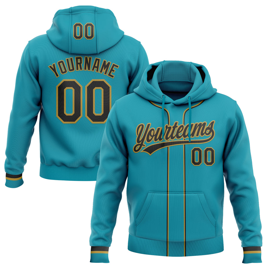 Custom Stitched Teal Black-Old Gold Baseball Pullover Sweatshirt Hoodie