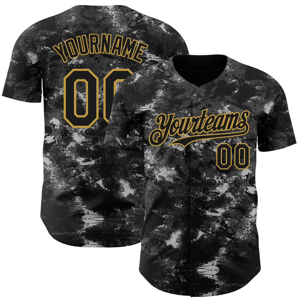 Custom Tie Dye Black-Old Gold 3D Authentic Baseball Jersey