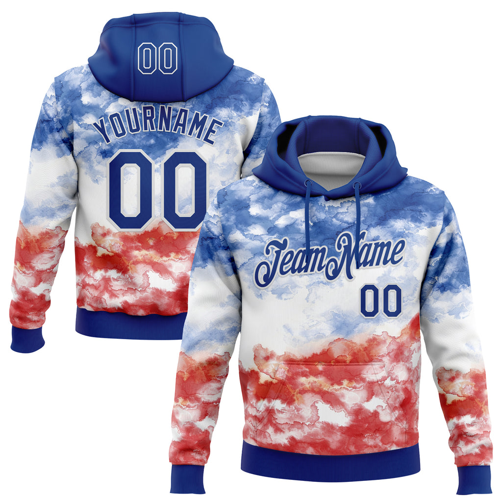 Custom Stitched Tie Dye Royal-White Watercolor Cloud Splash Pullover Sweatshirt Hoodie
