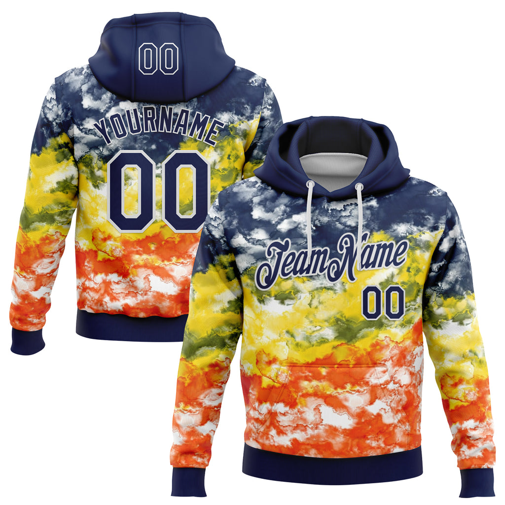Custom Stitched Tie Dye Navy-White Watercolor Cloud Splash Pullover Sweatshirt Hoodie