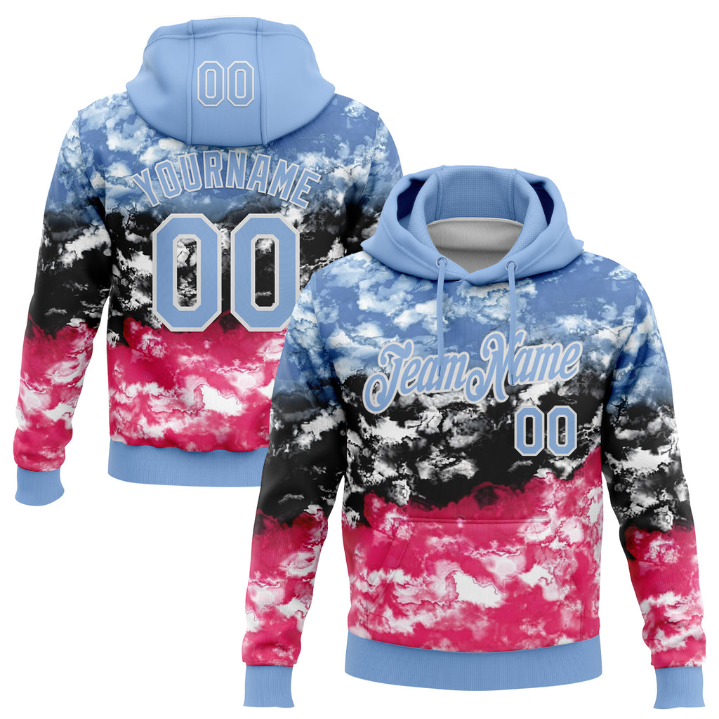 Custom Stitched Tie Dye Light Blue-White Watercolor Cloud Splash Pullover Sweatshirt Hoodie
