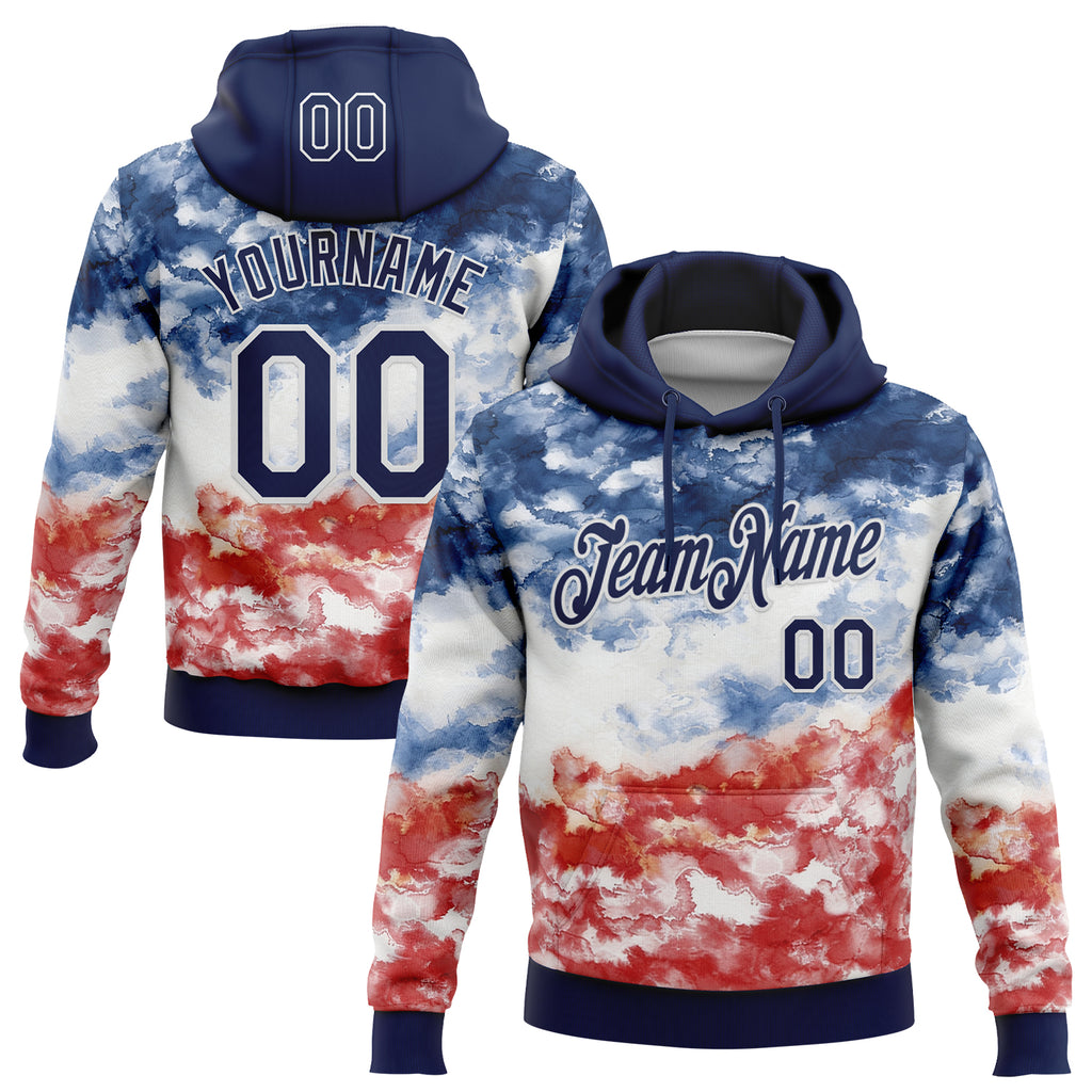 Custom Stitched Tie Dye Navy-White Watercolor Cloud Splash Pullover Sweatshirt Hoodie
