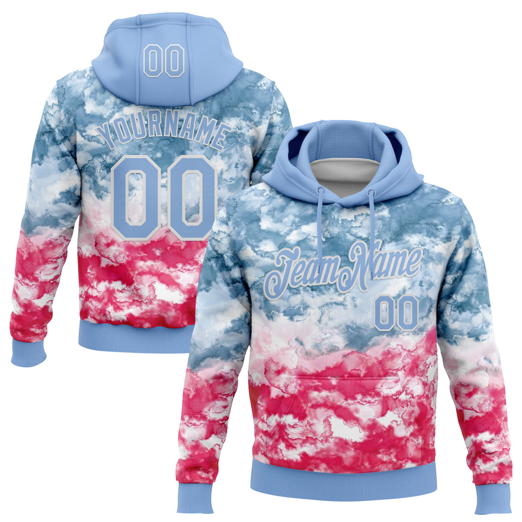 Custom Stitched Tie Dye Light Blue-White Watercolor Cloud Splash Pullover Sweatshirt Hoodie