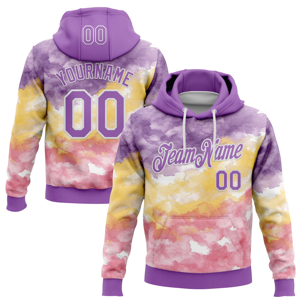 Custom Stitched Tie Dye Medium Purple-White Watercolor Cloud Splash Pullover Sweatshirt Hoodie