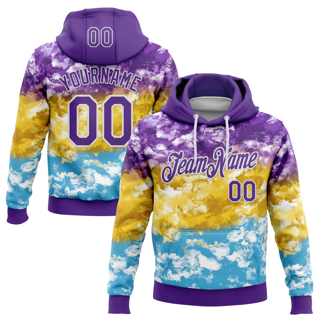 Custom Stitched Tie Dye Purple-White Watercolor Cloud Splash Pullover Sweatshirt Hoodie