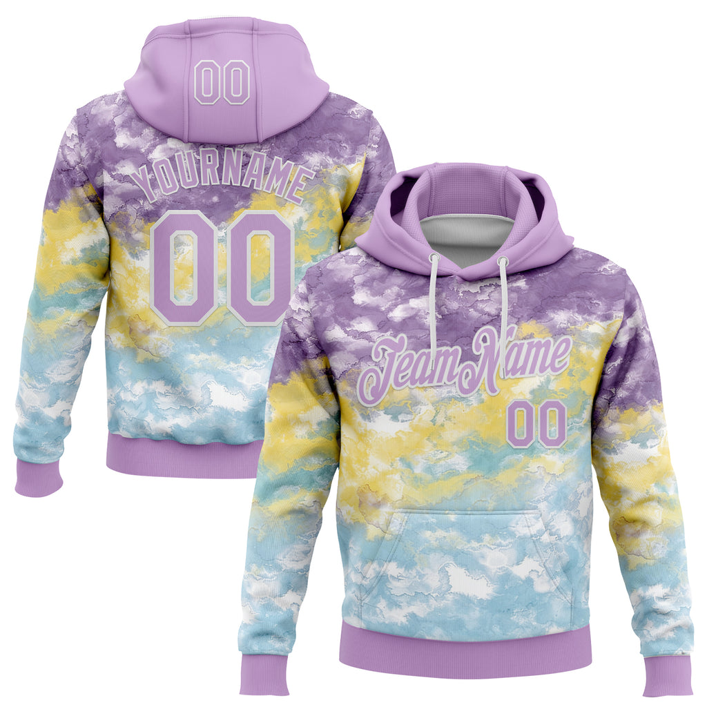 Custom Stitched Tie Dye Light Purple-White Watercolor Cloud Splash Pullover Sweatshirt Hoodie