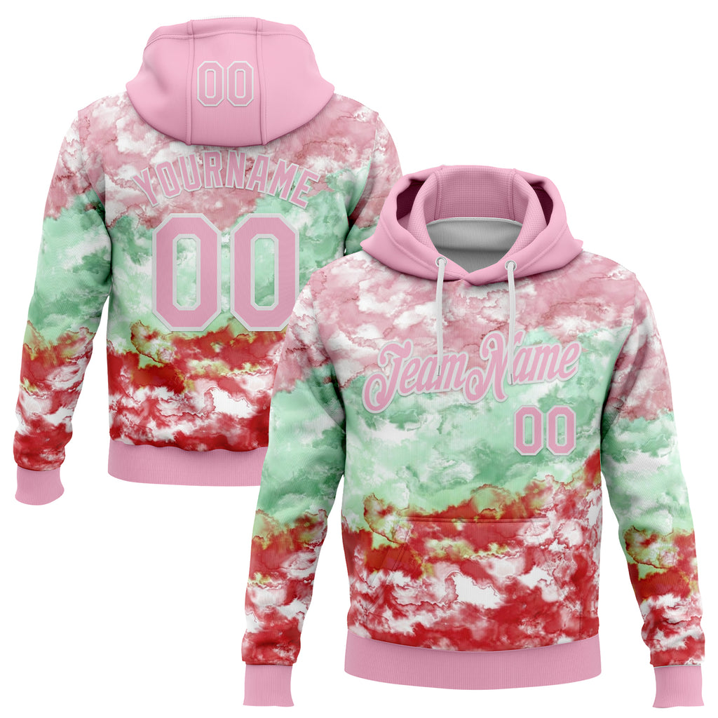 Custom Stitched Tie Dye Light Pink-White Watercolor Cloud Splash Pullover Sweatshirt Hoodie