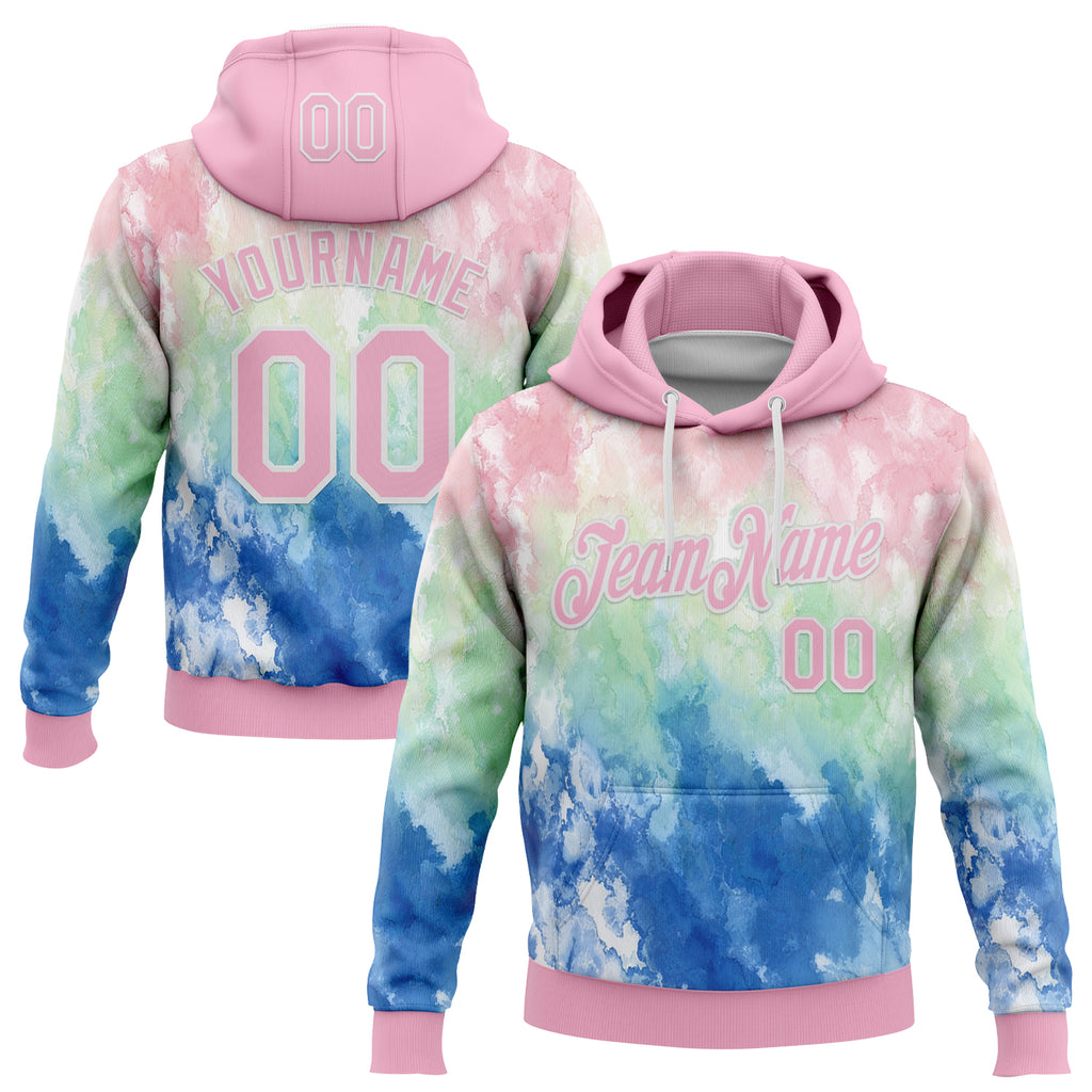 Custom Stitched Tie Dye Light Pink-White Watercolor Cloud Splash Pullover Sweatshirt Hoodie