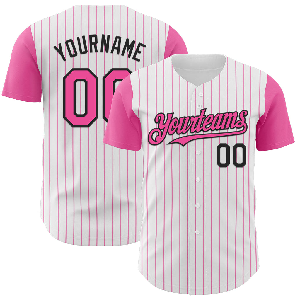 Custom White Pink Pinstripe Black Authentic Two Tone Baseball Jersey