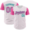 Custom White Pink Pinstripe Teal Authentic Two Tone Baseball Jersey