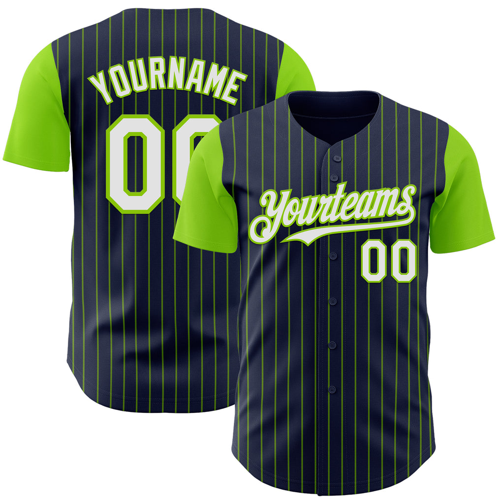 Custom Navy Neon Green Pinstripe White Authentic Two Tone Baseball Jersey