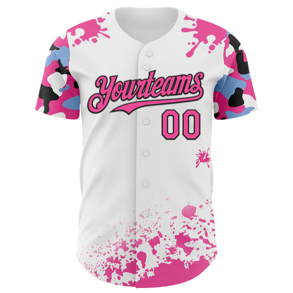 Custom White Pink Black-Blue Splatter Camo Two Tone Authentic Baseball Jersey