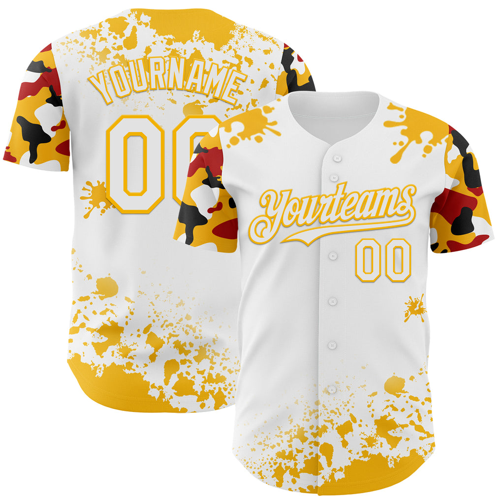 Custom White Gold Red-Black Splatter Camo Two Tone Authentic Baseball Jersey