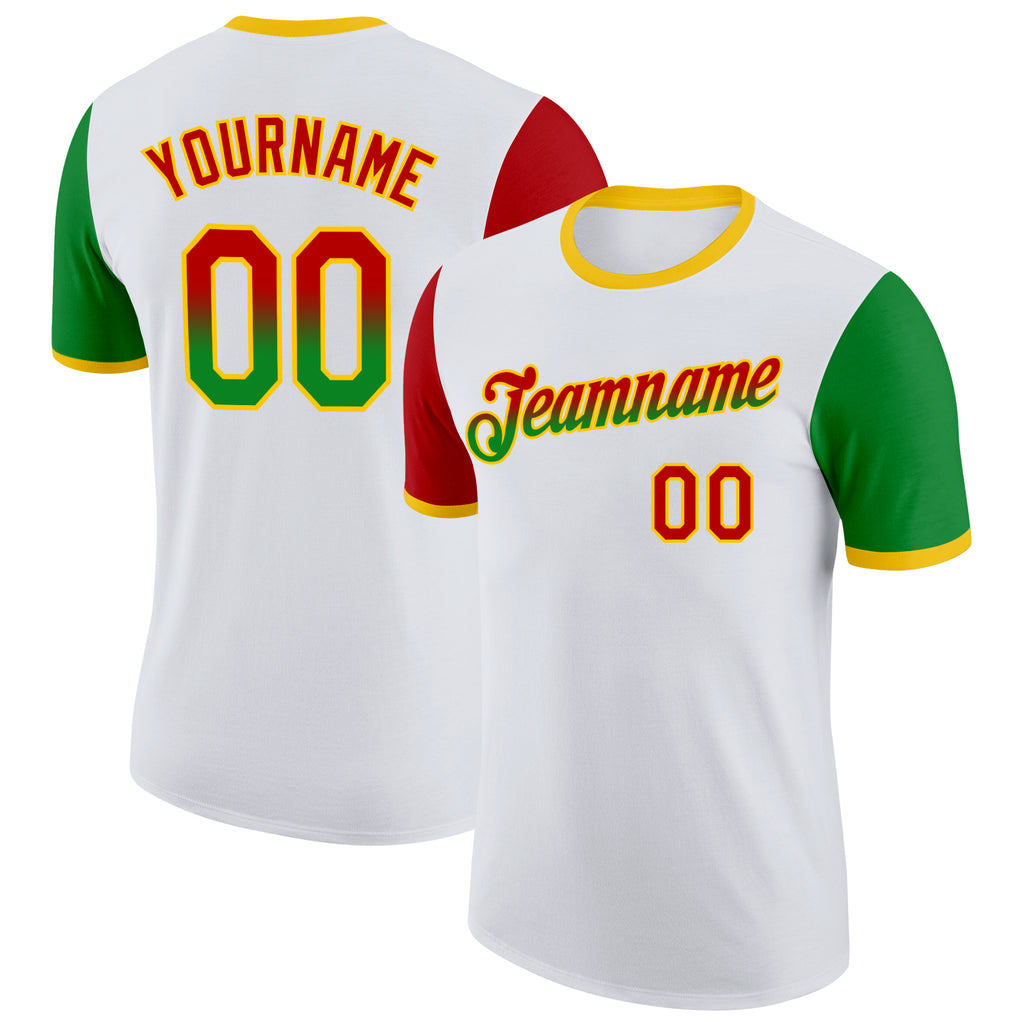 Custom White Red Grass Green-Yellow Gradient Two Tone Performance T-Shirt
