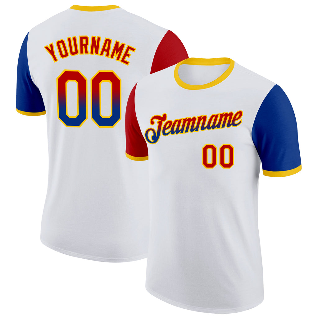 Custom White Red Royal-Yellow Gradient Two Tone Performance T-Shirt