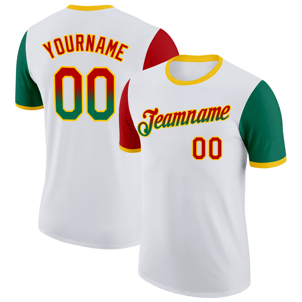 Custom White Red Kelly Green-Yellow Gradient Two Tone Performance T-Shirt