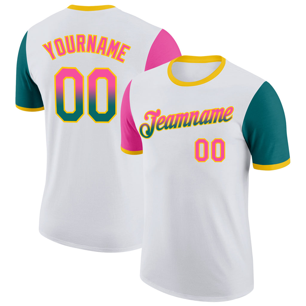 Custom White Pink Teal-Yellow Gradient Two Tone Performance T-Shirt